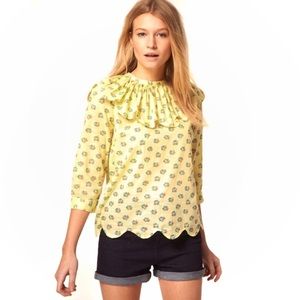 ASOS Scallop Hem Ruffled Neck Ruff Collar Yellow Floral Boho Cottagecore Blouse
